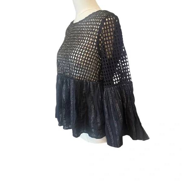 Maeve Anthropologie Alameda Beaded Bell Sleeve Peplum Blouse Size 8 Black - Picture 4 of 10